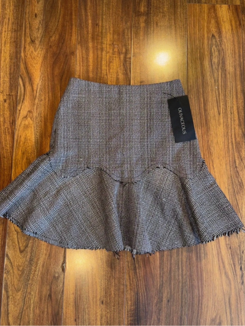 Olivaceous Black and Gray Plaid Flounced A-Line Skirt
